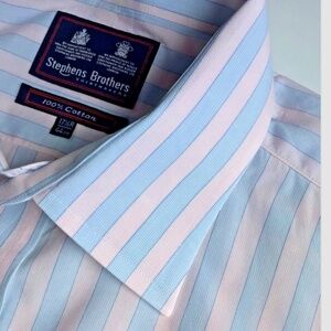 Stephens Brothers blue & peach colour striped cotton shirt Sz 17.5  made in UK